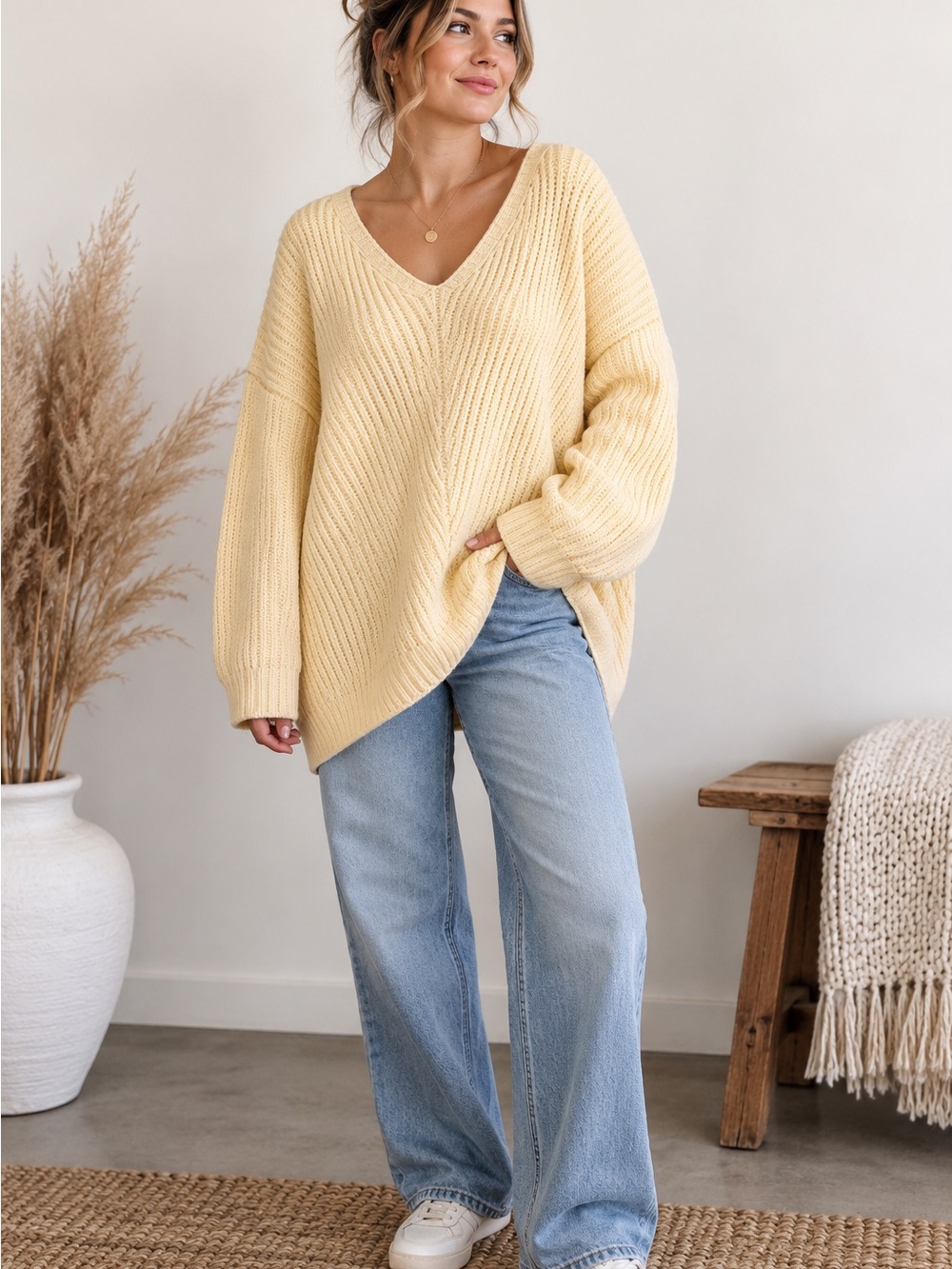 Urban Outfitters Yellow Chunky Knit V Neck Oversized Cotton Sweater L